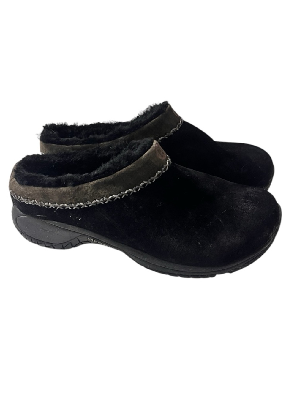 Merrell Women’s Black Suede Clogs Fur Lined Slip On Shoes Sz 9.5 Comfort Mules